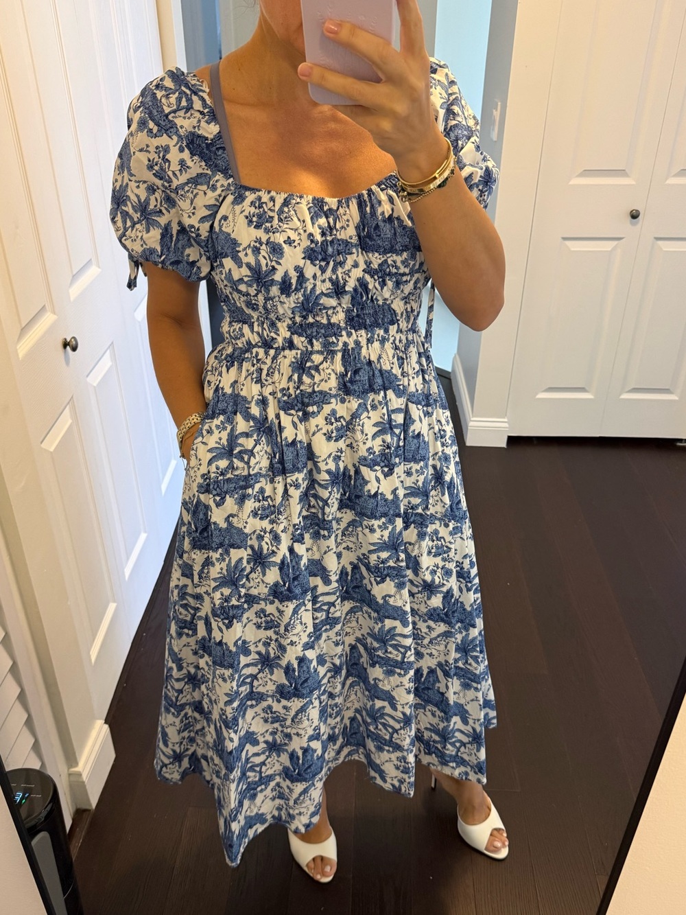 Blue and White Toile Puff-Sleeve Midi Dress Aqua